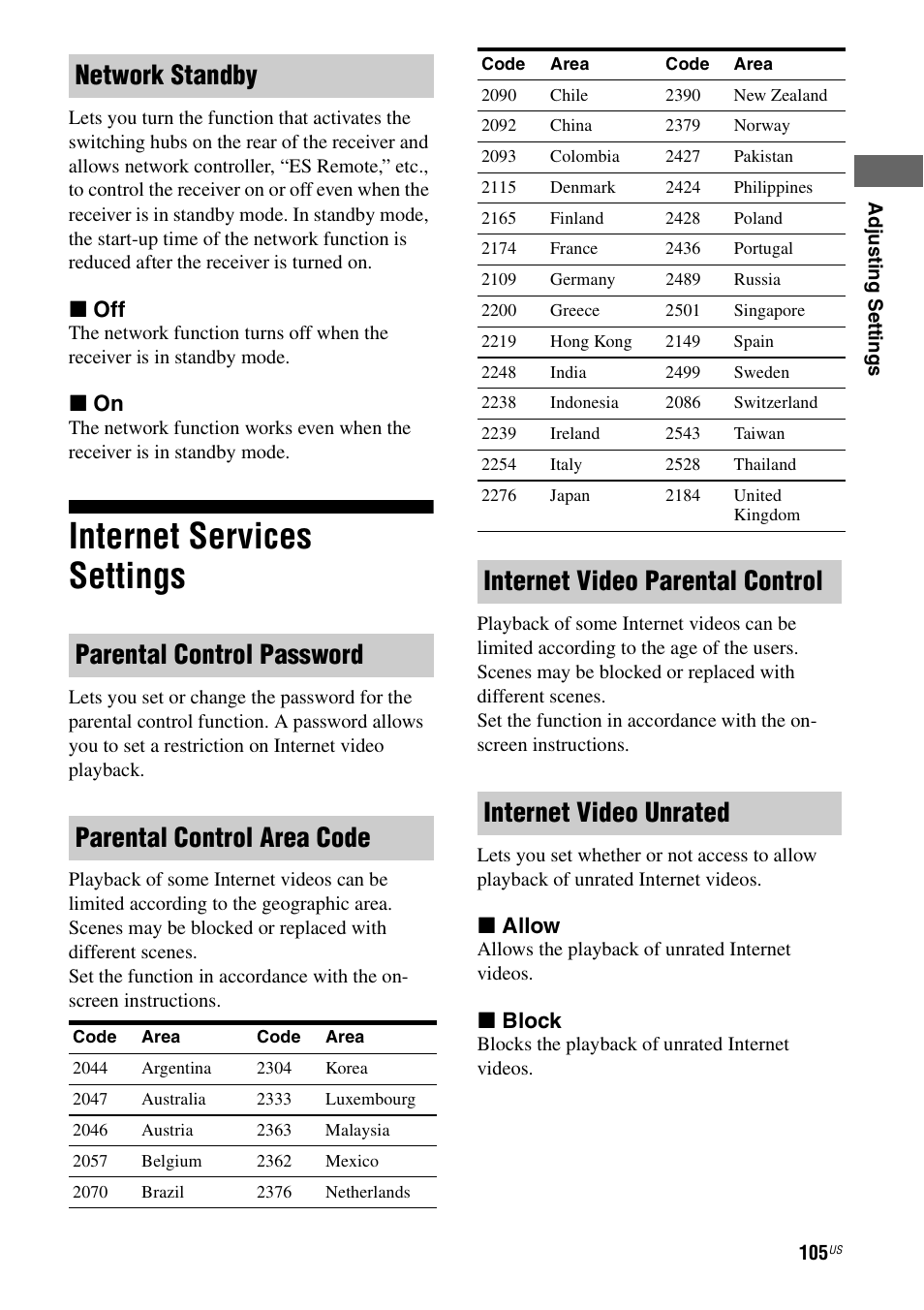 Internet services settings, X off, X on | X allow, X block | Sony STR-DA3700ES User Manual | Page 105 / 146