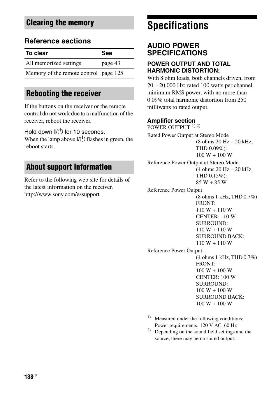 Specifications, Rebooting the receiver about support information, Audio power specifications | Sony STR-DA3700ES User Manual | Page 138 / 146