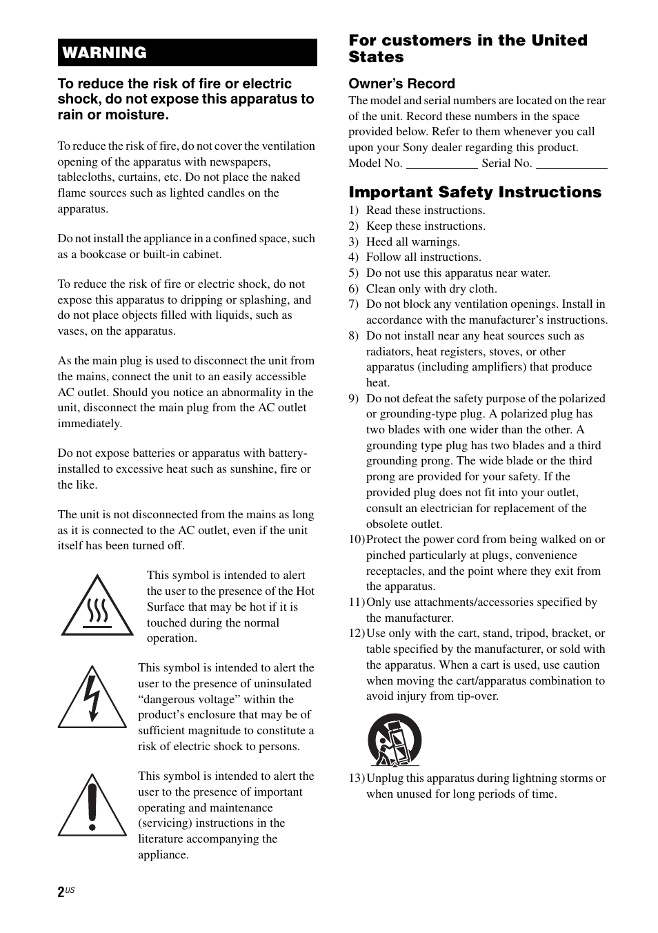 For customers in the united states, Important safety instructions, Warning | Sony STR-DA3700ES User Manual | Page 2 / 146