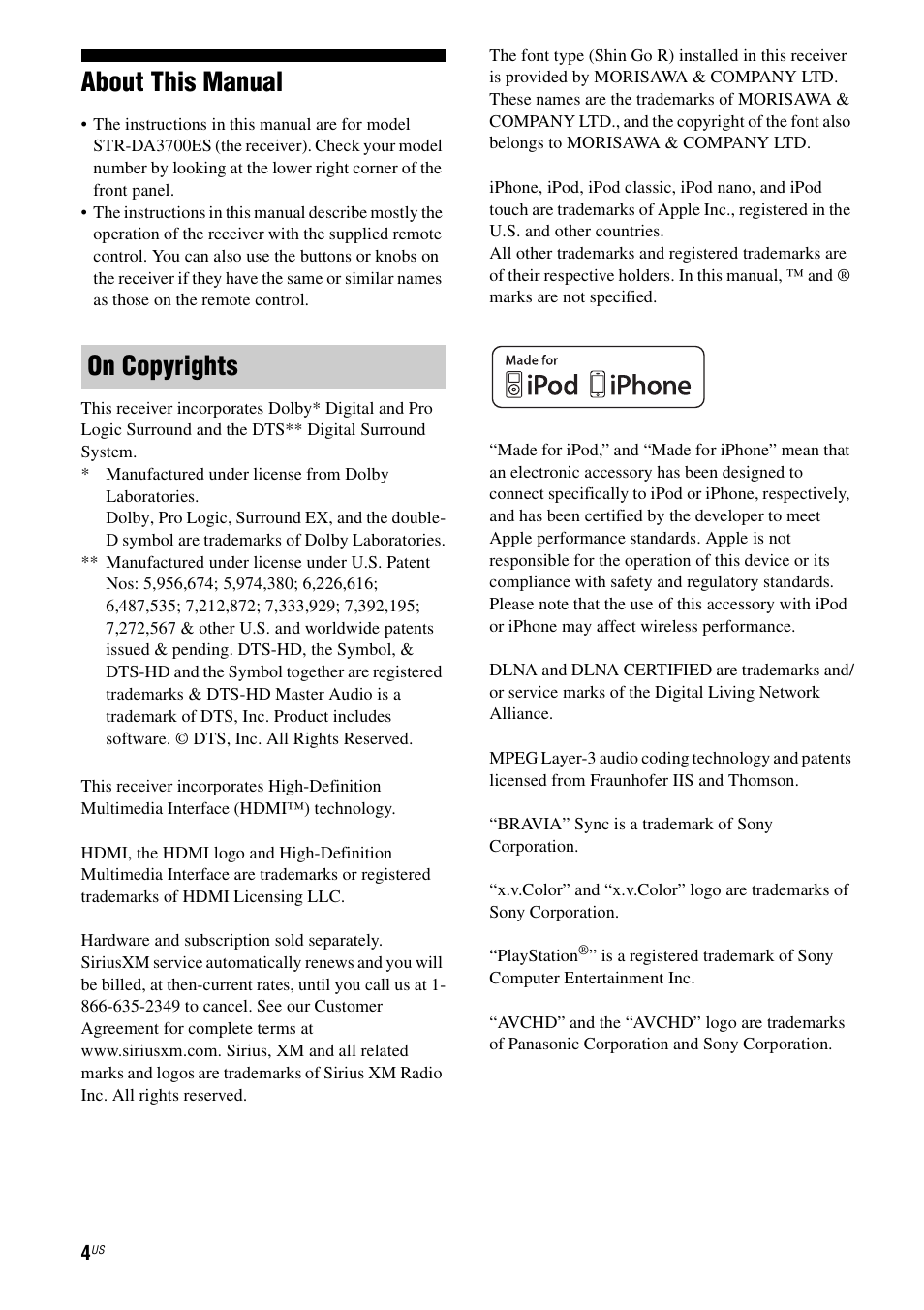 About this manual, On copyrights | Sony STR-DA3700ES User Manual | Page 4 / 146