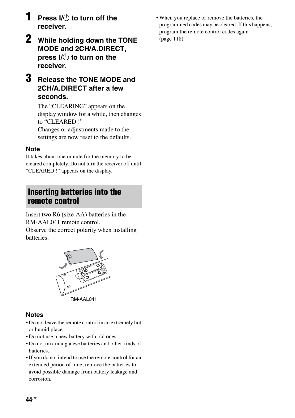 Inserting batteries into the remote control | Sony STR-DA3700ES User Manual | Page 44 / 146