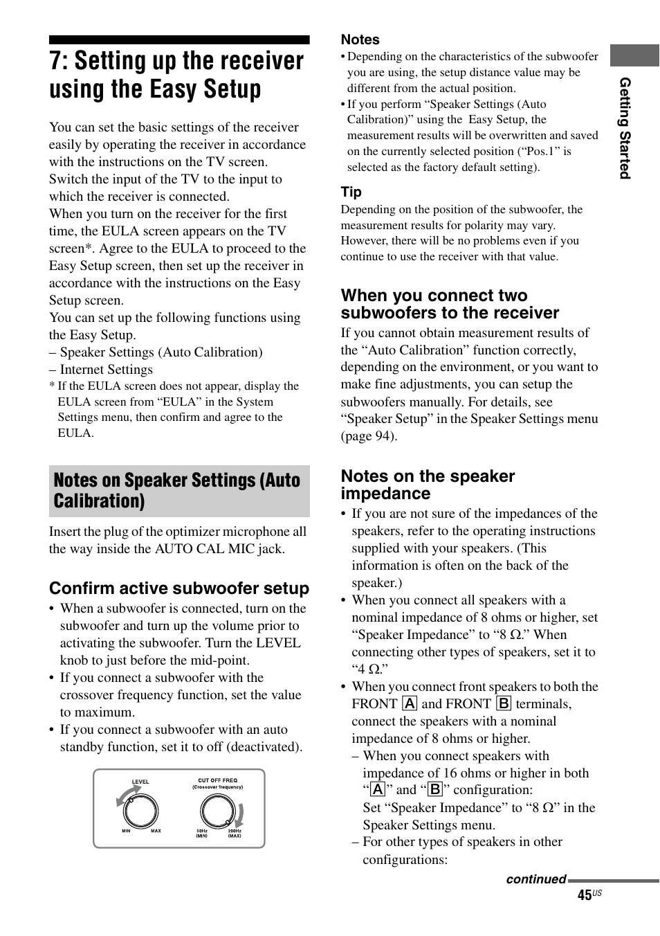 Setting up the receiver using the easy setup, Setting up the receiver using the easy, Setup | Confirm active subwoofer setup, When you connect two subwoofers to the receiver | Sony STR-DA3700ES User Manual | Page 45 / 146