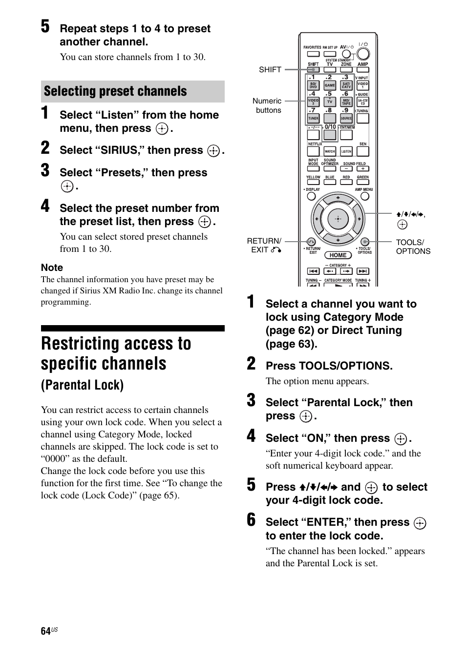 Restricting access to specific channels, Parental lock) | Sony STR-DA3700ES User Manual | Page 64 / 146