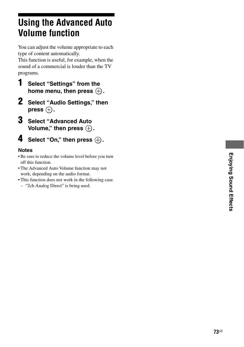 Using the advanced auto volume function, Using the advanced auto volume f, Unction | Sony STR-DA3700ES User Manual | Page 73 / 146