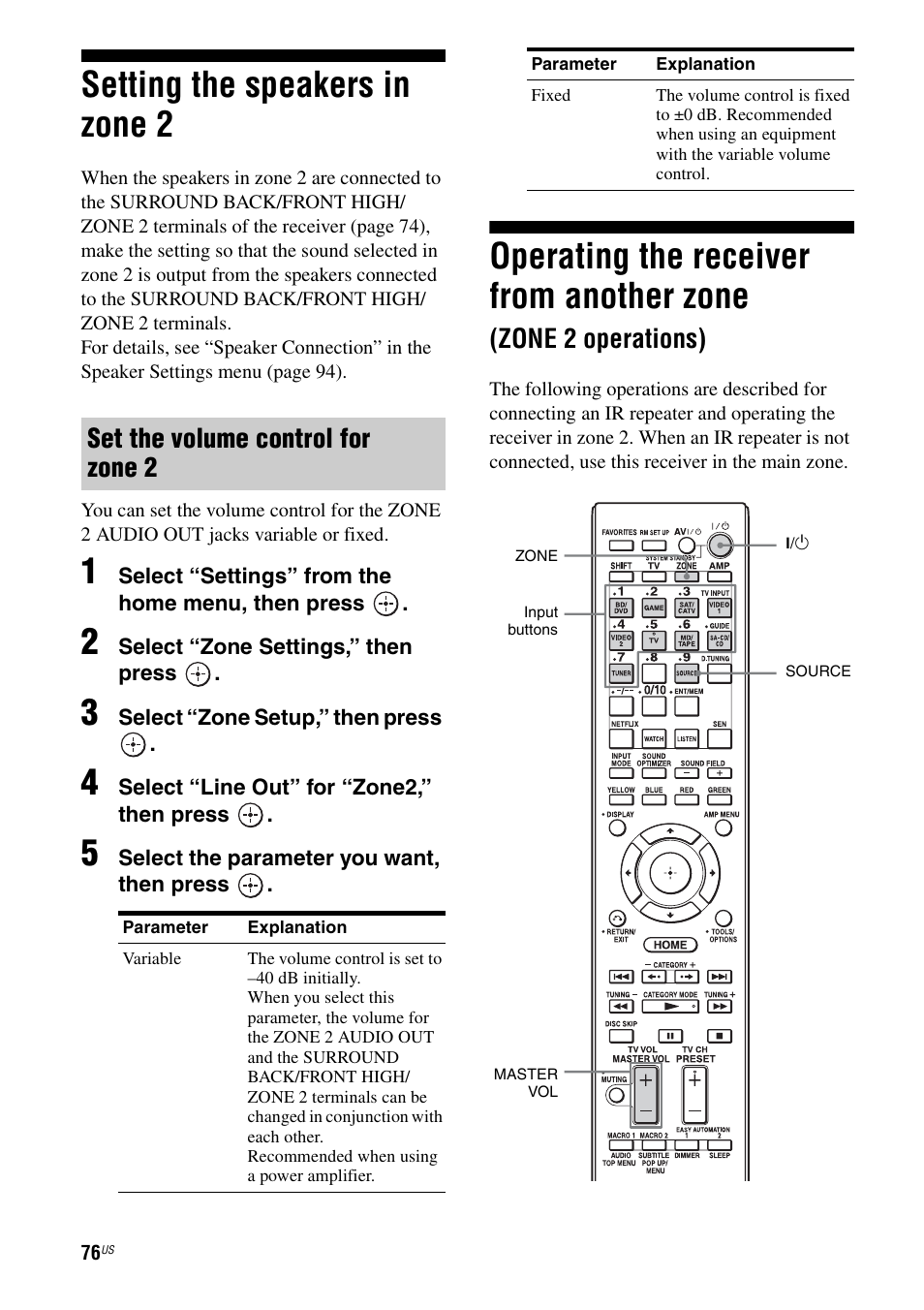 Setting the speakers in zone 2, Zone 2 operations), Operating the receiver from another zone | Set the volume control for zone 2 | Sony STR-DA3700ES User Manual | Page 76 / 146