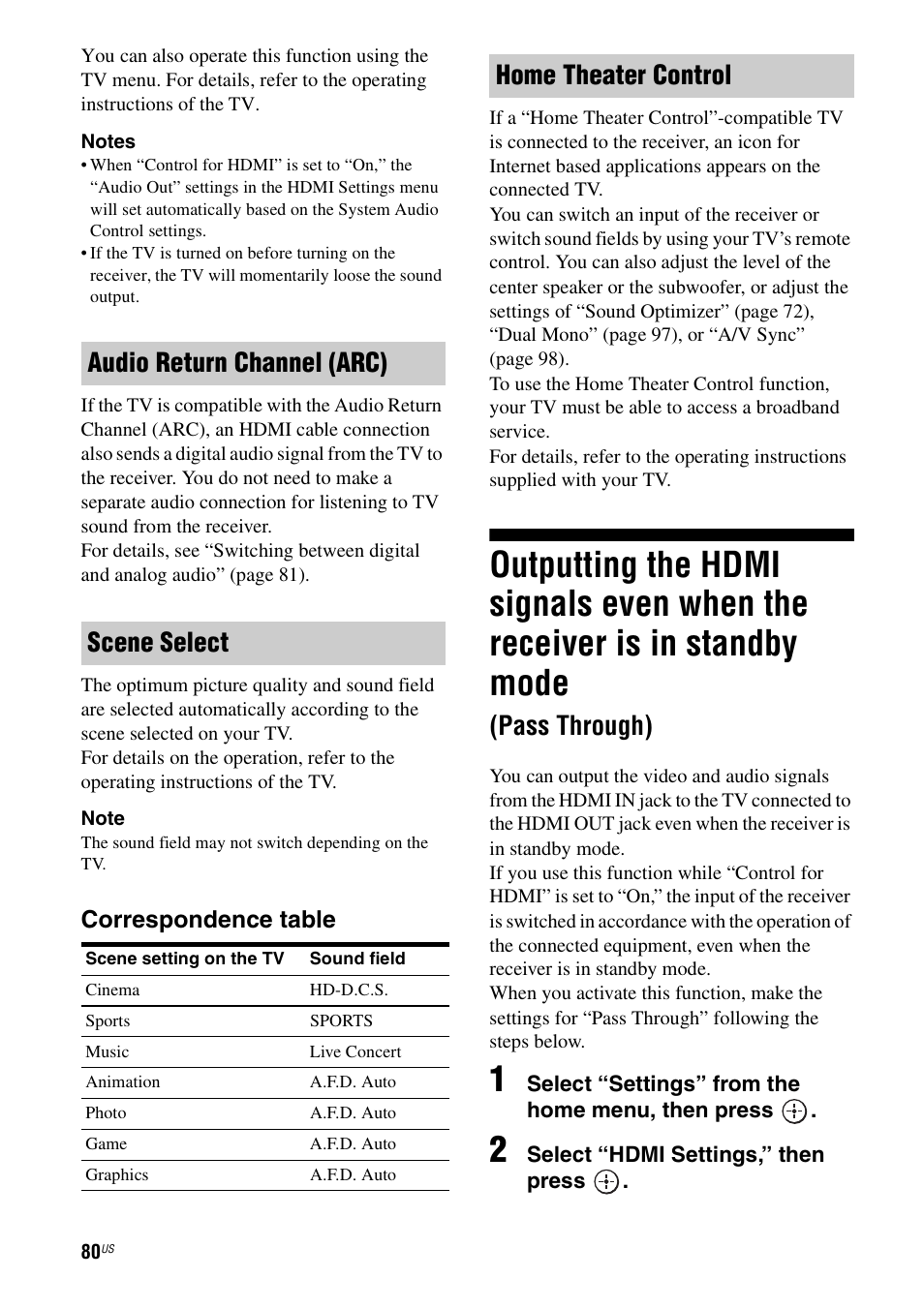 Outputting the hdmi signals even when the, Receiver is in standby mode (pass through), Pass through) | Audio return channel (arc) scene select, Home theater control, Correspondence table | Sony STR-DA3700ES User Manual | Page 80 / 146