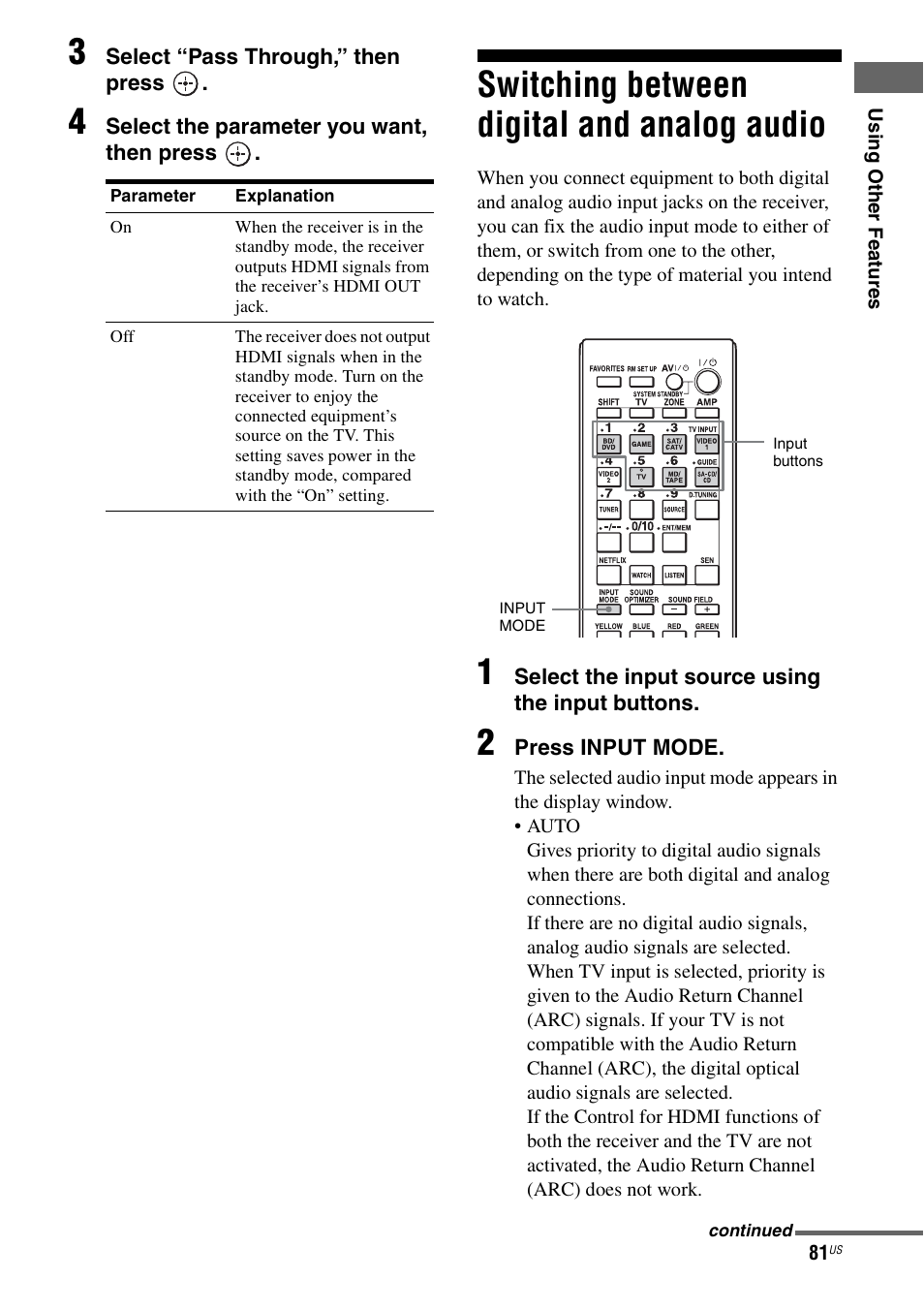 Switching between digital and analog audio, Switching between digital and analog, Audio | Sony STR-DA3700ES User Manual | Page 81 / 146