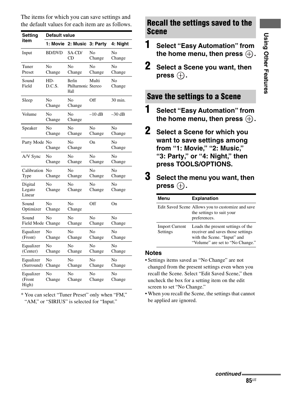 Select a scene you want, then press, Select the menu you want, then press | Sony STR-DA3700ES User Manual | Page 85 / 146