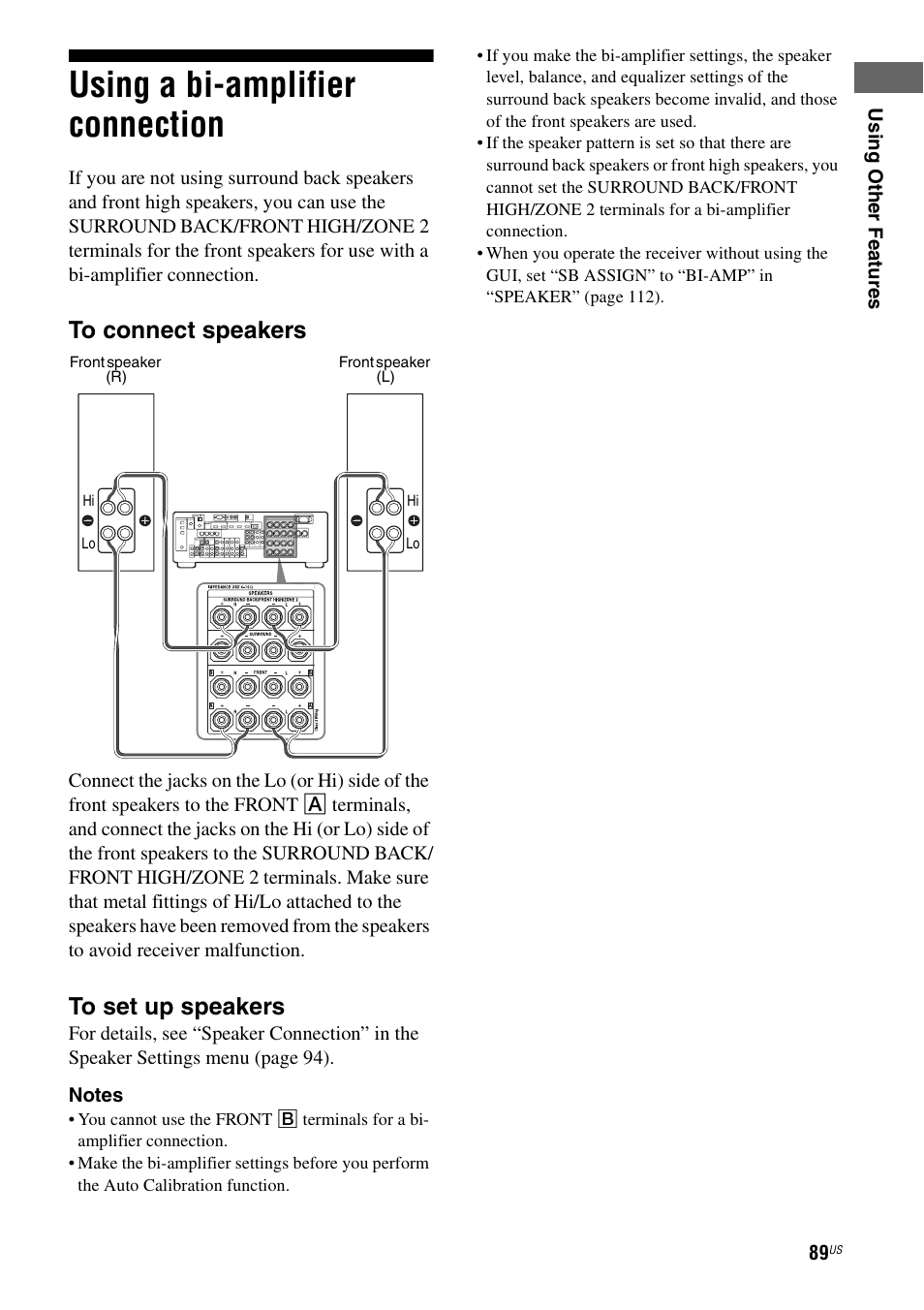 Using a bi-amplifier connection | Sony STR-DA3700ES User Manual | Page 89 / 146