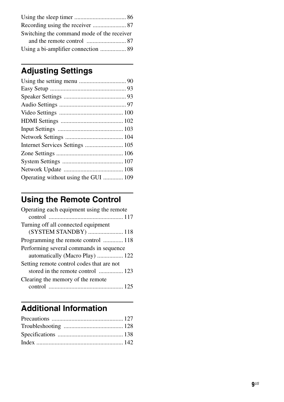 Adjusting settings, Using the remote control, Additional information | Sony STR-DA3700ES User Manual | Page 9 / 146