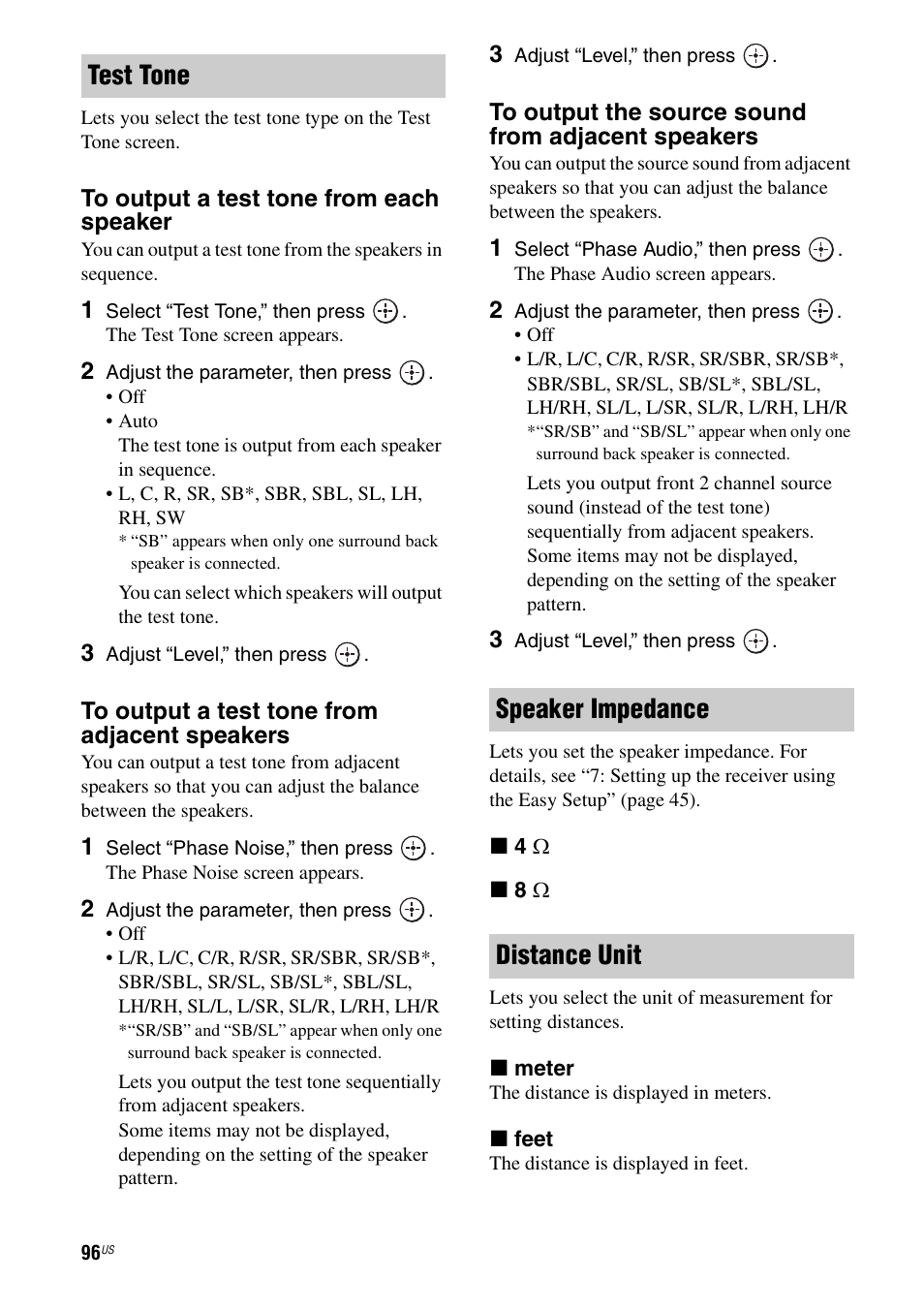 Test tone speaker impedance distance unit | Sony STR-DA3700ES User Manual | Page 96 / 146