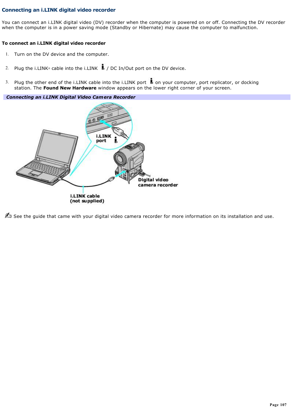 Connecting an i.link digital video recorder | Sony PCG-R505DC User Manual | Page 107 / 174