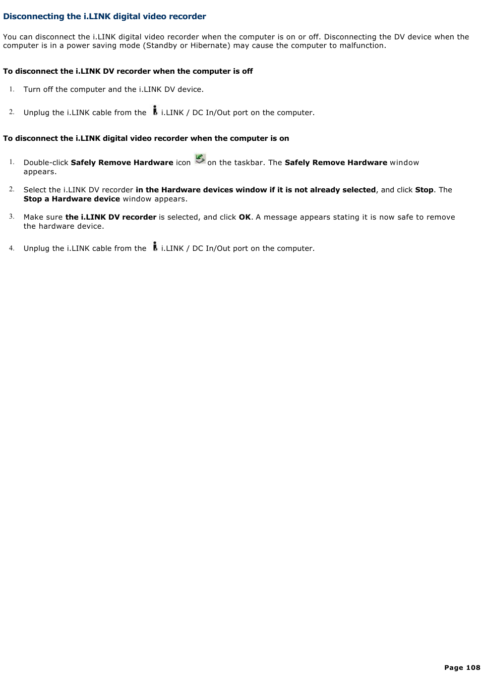 Disconnecting the i.link digital video recorder | Sony PCG-R505DC User Manual | Page 108 / 174