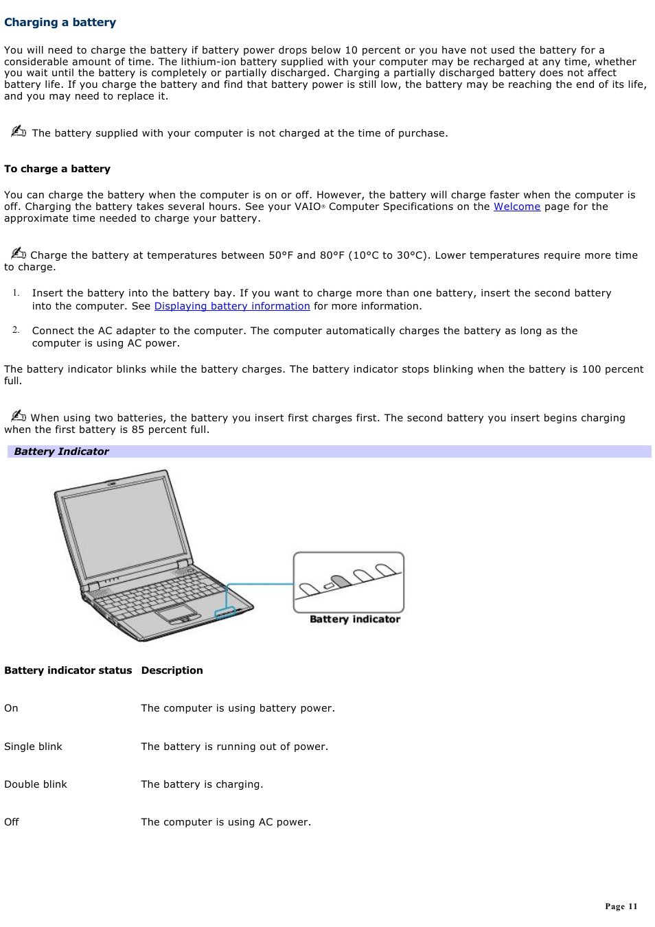 Charging a battery | Sony PCG-R505DC User Manual | Page 11 / 174