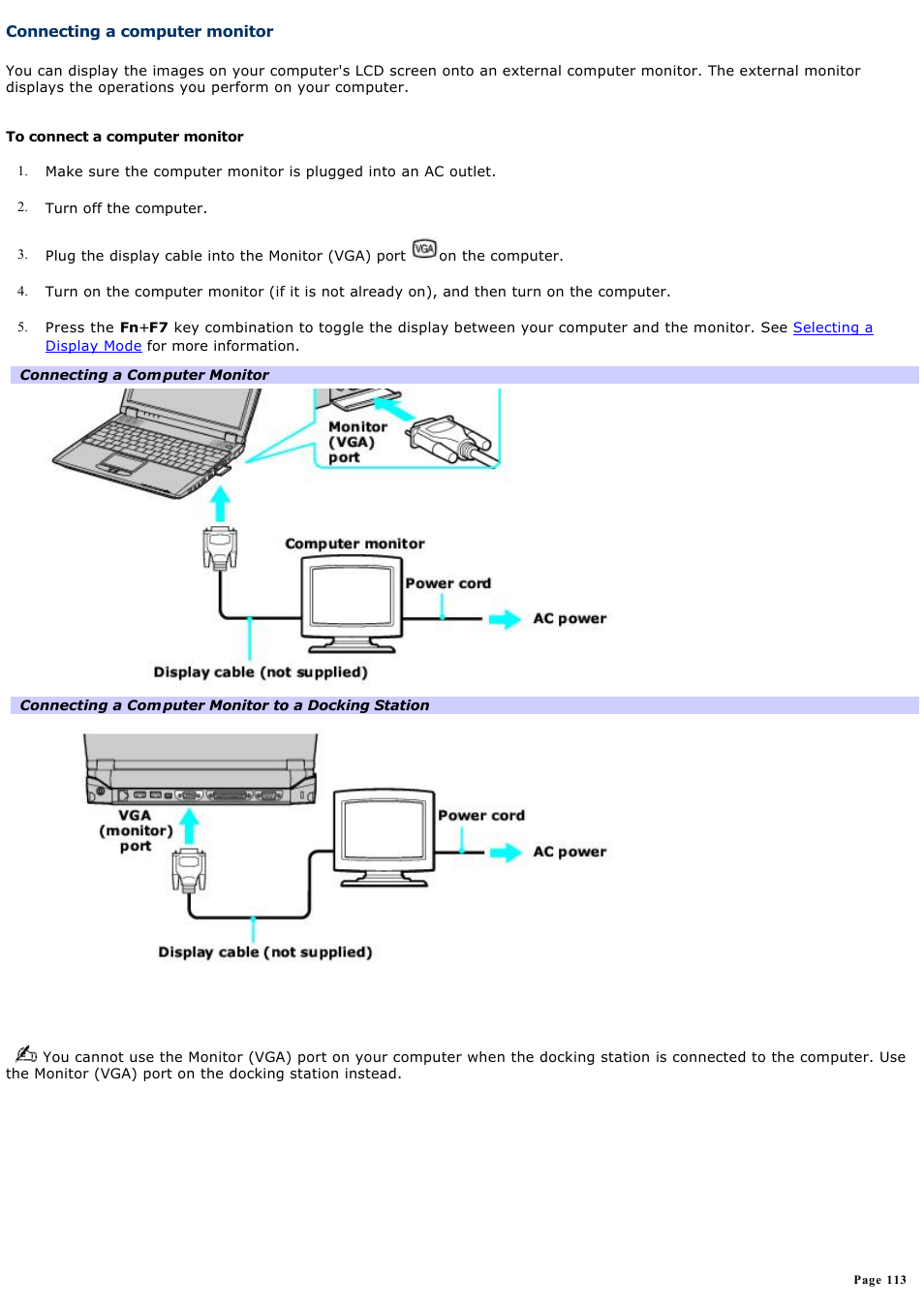 Connecting a computer monitor | Sony PCG-R505DC User Manual | Page 113 / 174