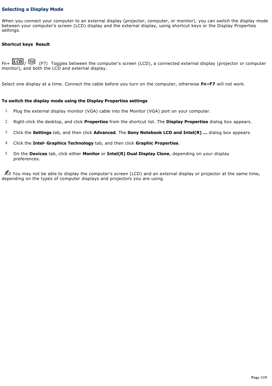 Selecting a display mode | Sony PCG-R505DC User Manual | Page 115 / 174