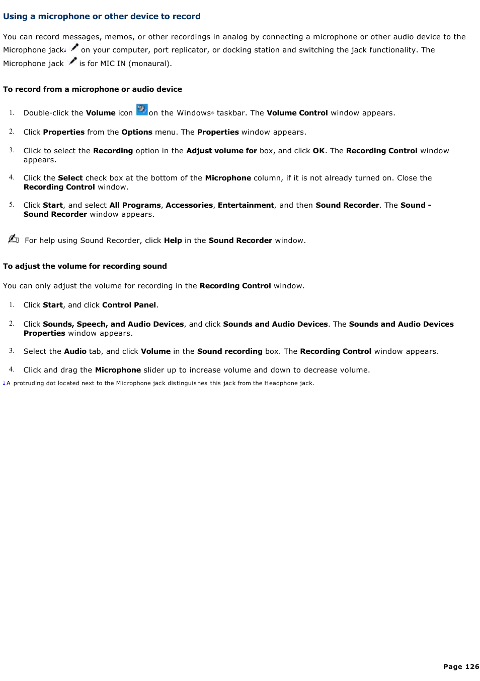 Using a microphone or other device to record, Using a microphone or other device to, Record | For instructions on how to open this window | Sony PCG-R505DC User Manual | Page 126 / 174