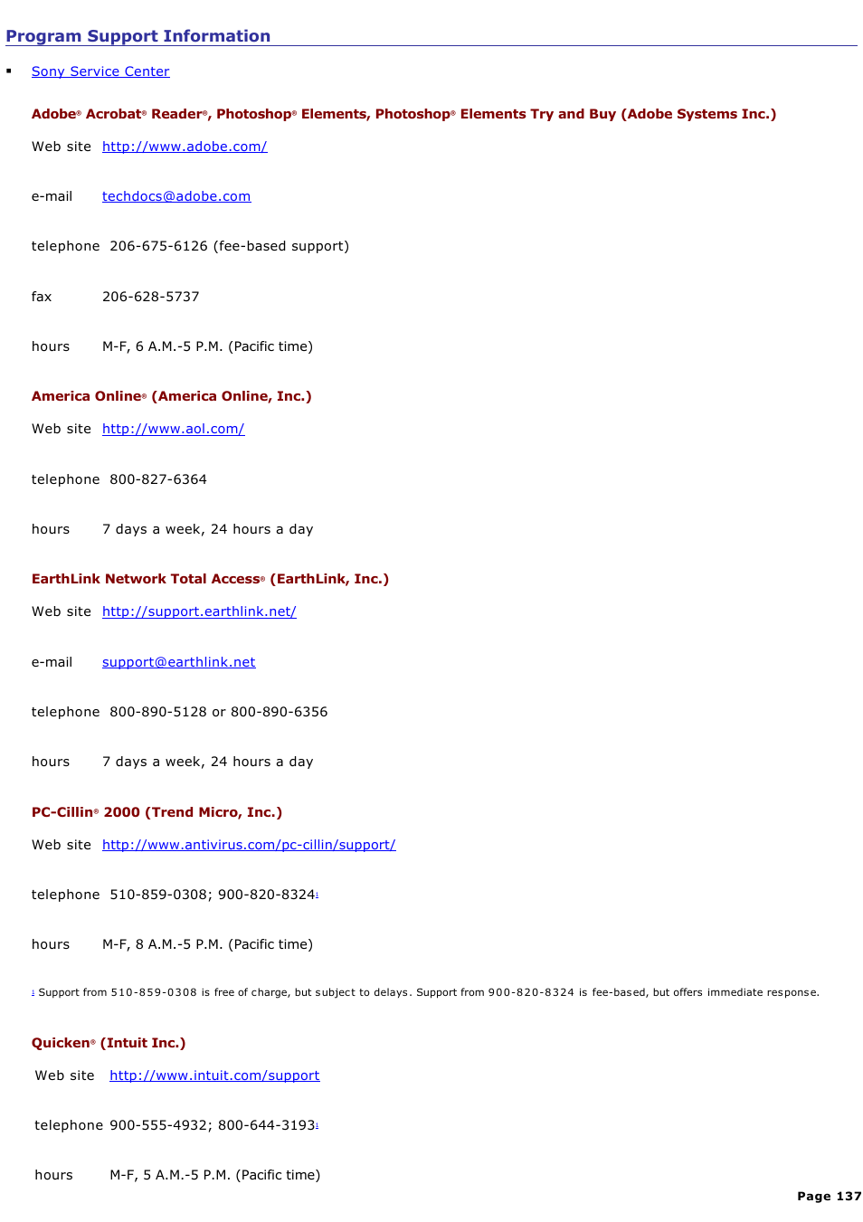 Program support information | Sony PCG-R505DC User Manual | Page 137 / 174