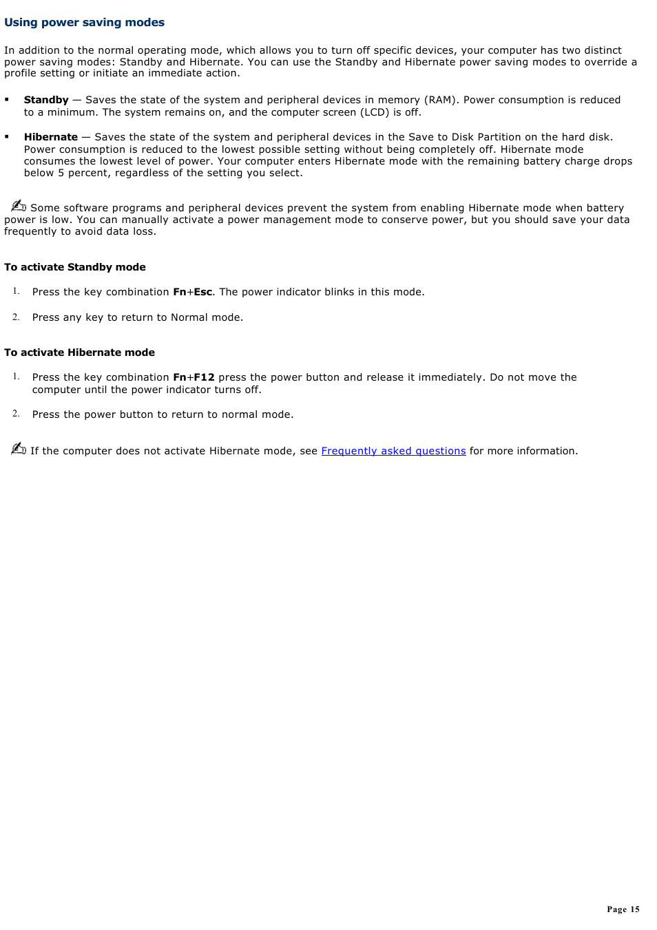 Using power saving modes | Sony PCG-R505DC User Manual | Page 15 / 174