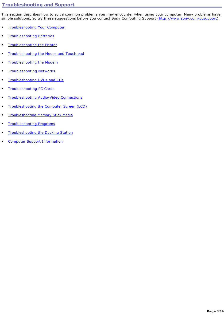 Troubleshooting and support | Sony PCG-R505DC User Manual | Page 154 / 174