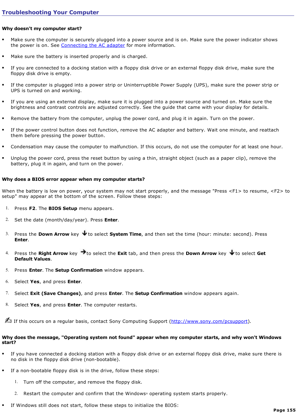 Troubleshooting your computer | Sony PCG-R505DC User Manual | Page 155 / 174