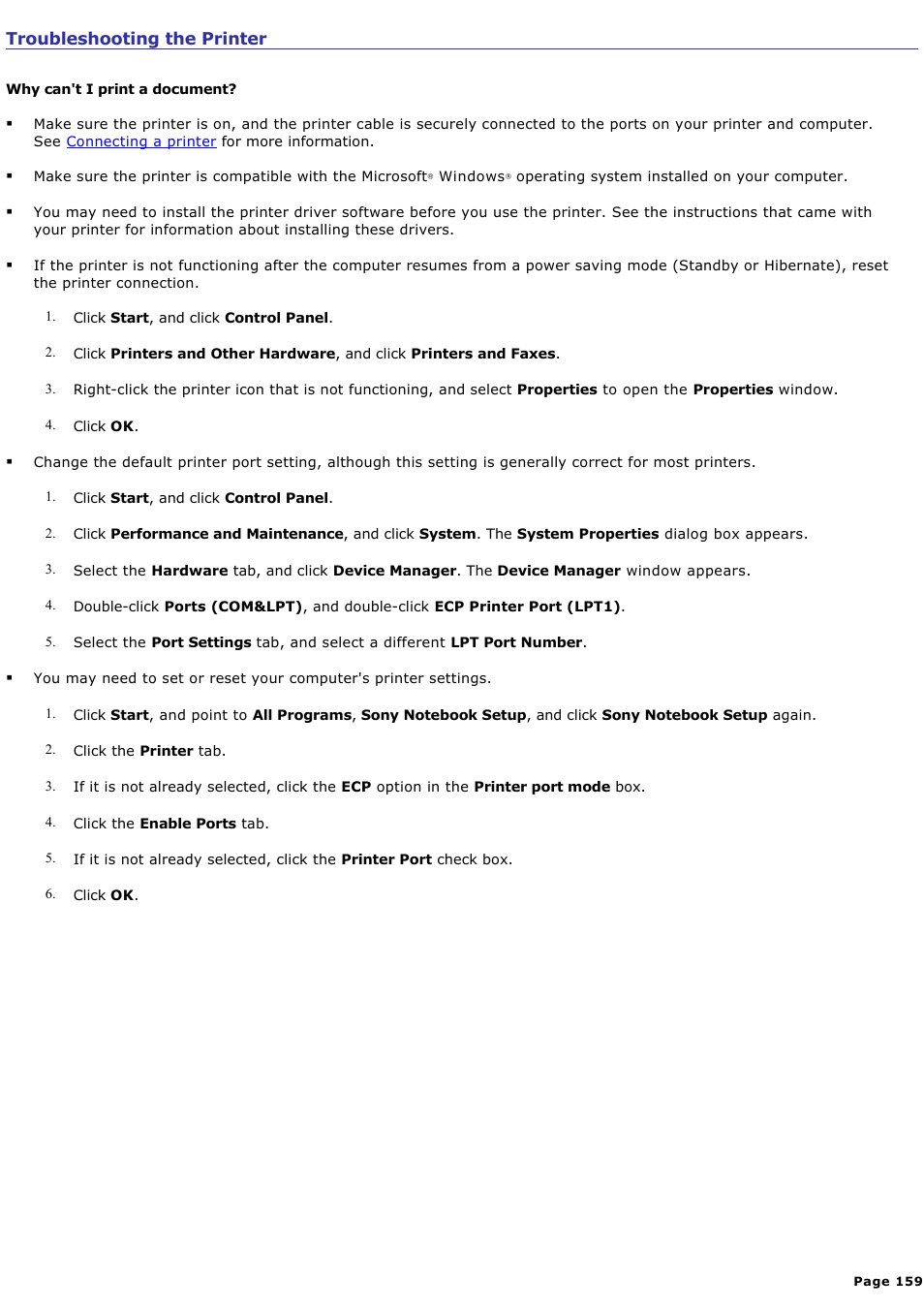 Troubleshooting the printer | Sony PCG-R505DC User Manual | Page 159 / 174