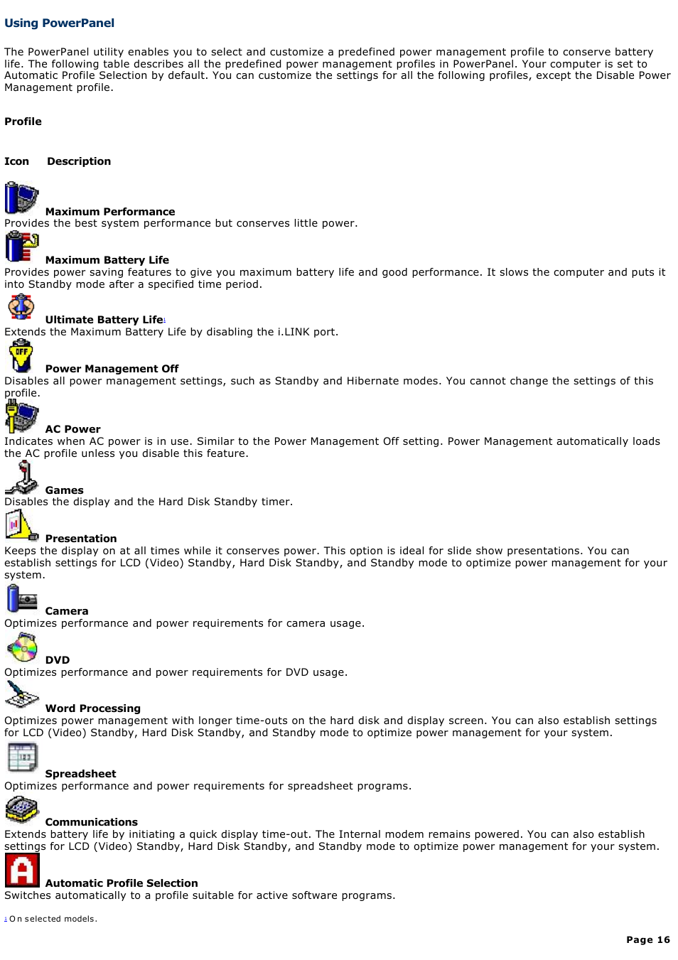 Using powerpanel | Sony PCG-R505DC User Manual | Page 16 / 174