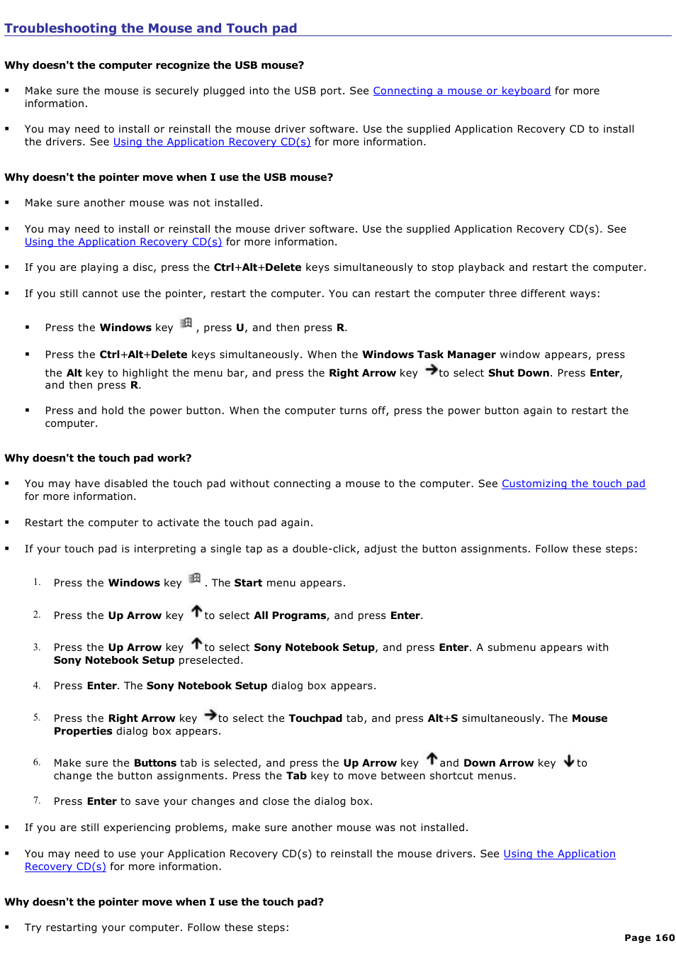 Troubleshooting the mouse and touch pad | Sony PCG-R505DC User Manual | Page 160 / 174