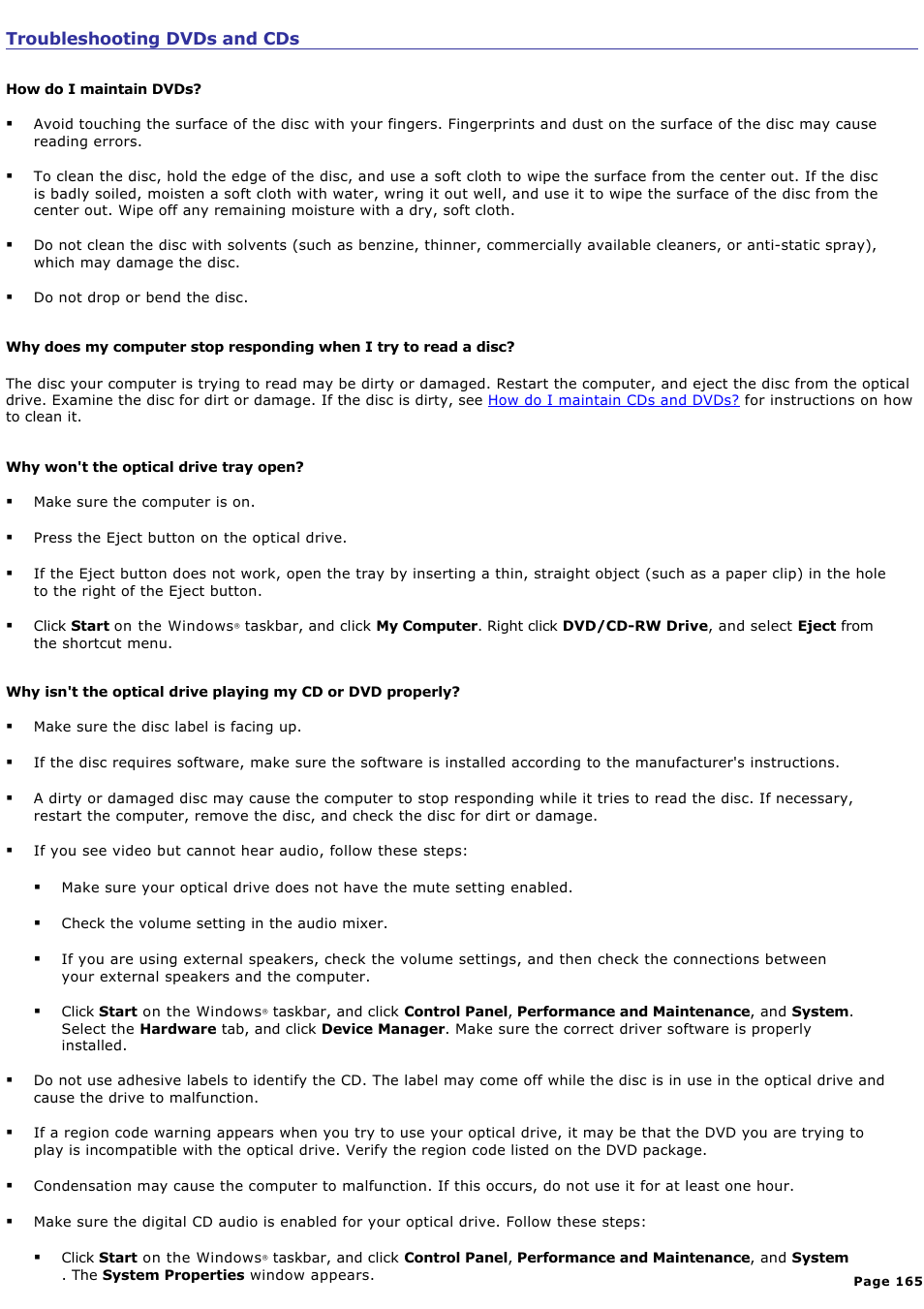 Troubleshooting dvds and cds | Sony PCG-R505DC User Manual | Page 165 / 174