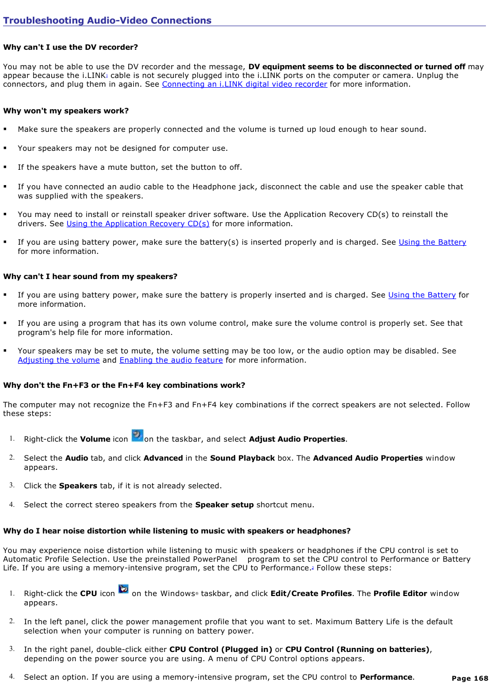 Troubleshooting audio-video connections | Sony PCG-R505DC User Manual | Page 168 / 174