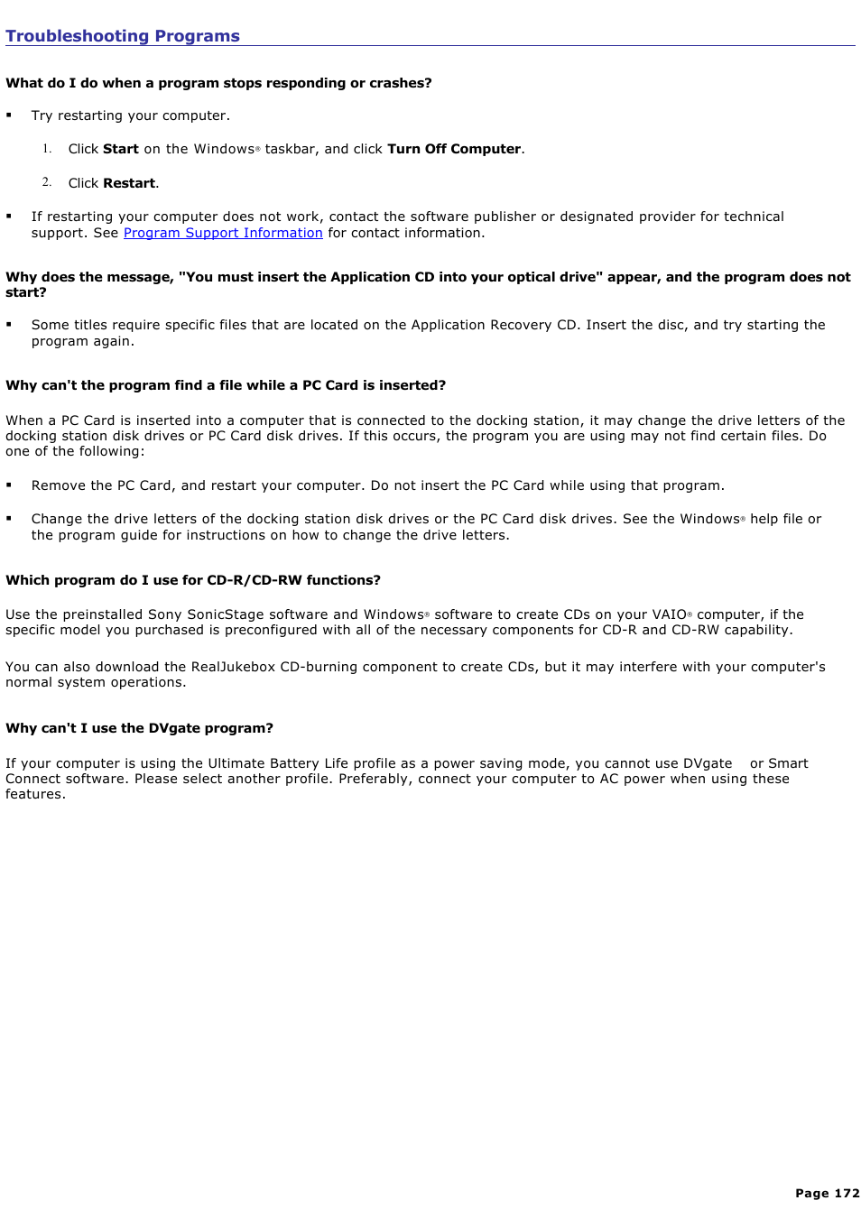 Troubleshooting programs | Sony PCG-R505DC User Manual | Page 172 / 174