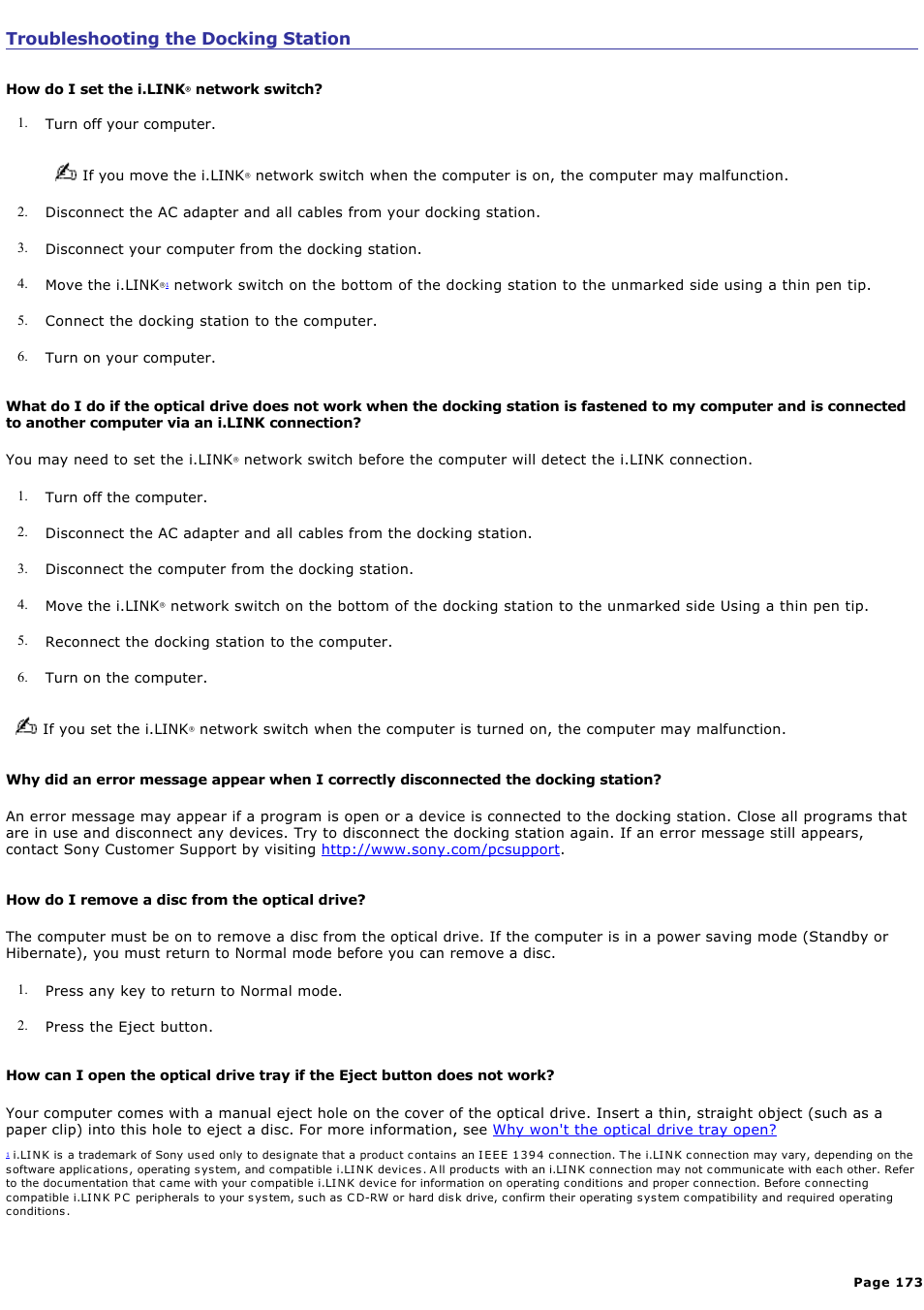 Troubleshooting the docking station | Sony PCG-R505DC User Manual | Page 173 / 174