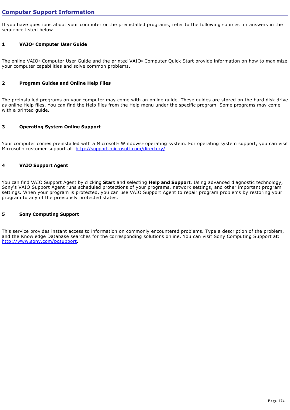 Computer support information | Sony PCG-R505DC User Manual | Page 174 / 174