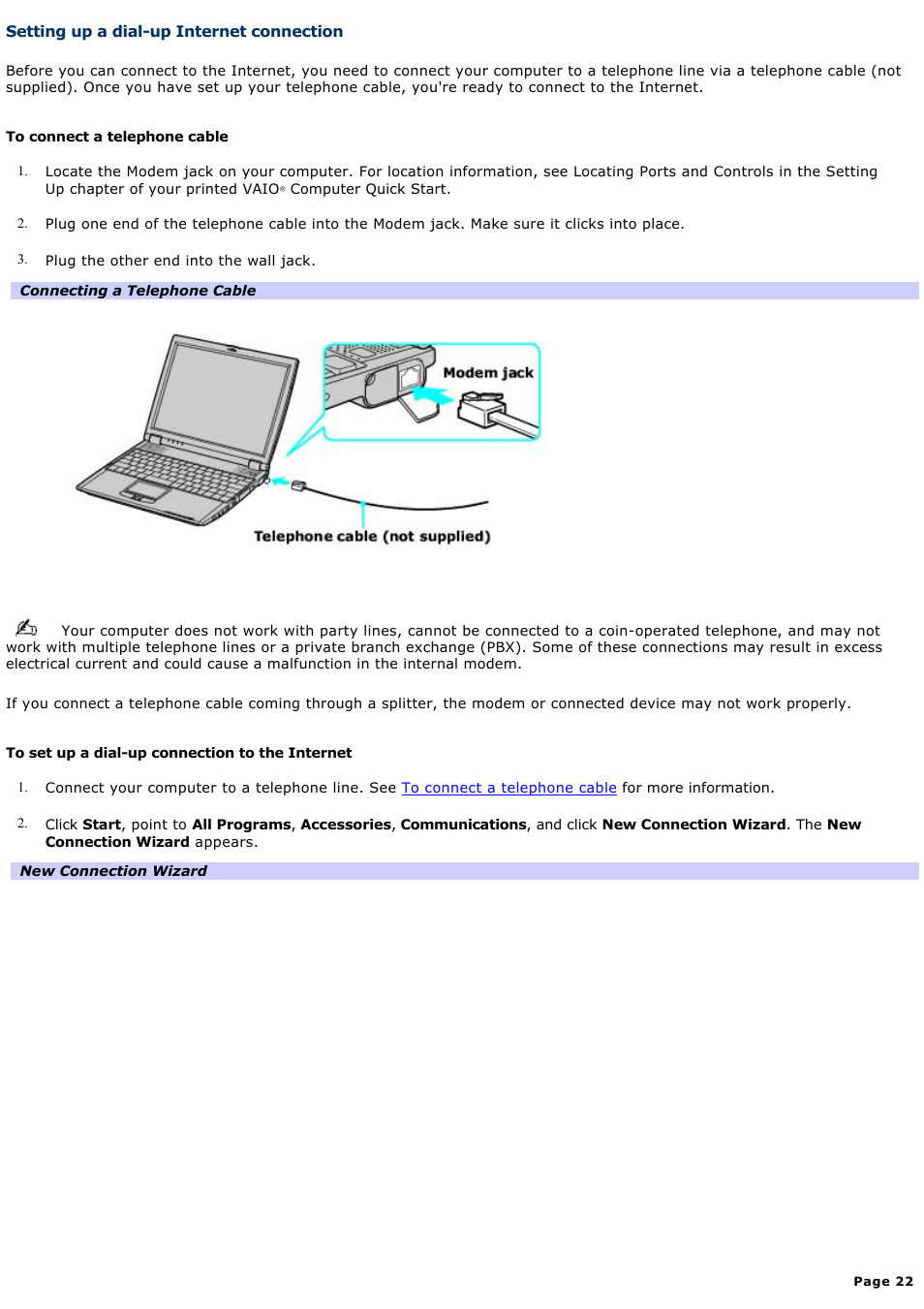 Setting up a dial-up internet connection | Sony PCG-R505DC User Manual | Page 22 / 174