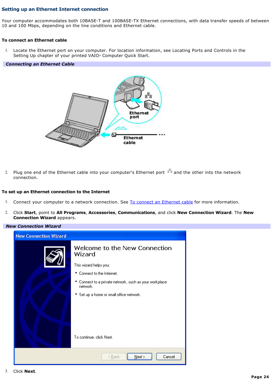 Setting up an ethernet internet connection | Sony PCG-R505DC User Manual | Page 24 / 174