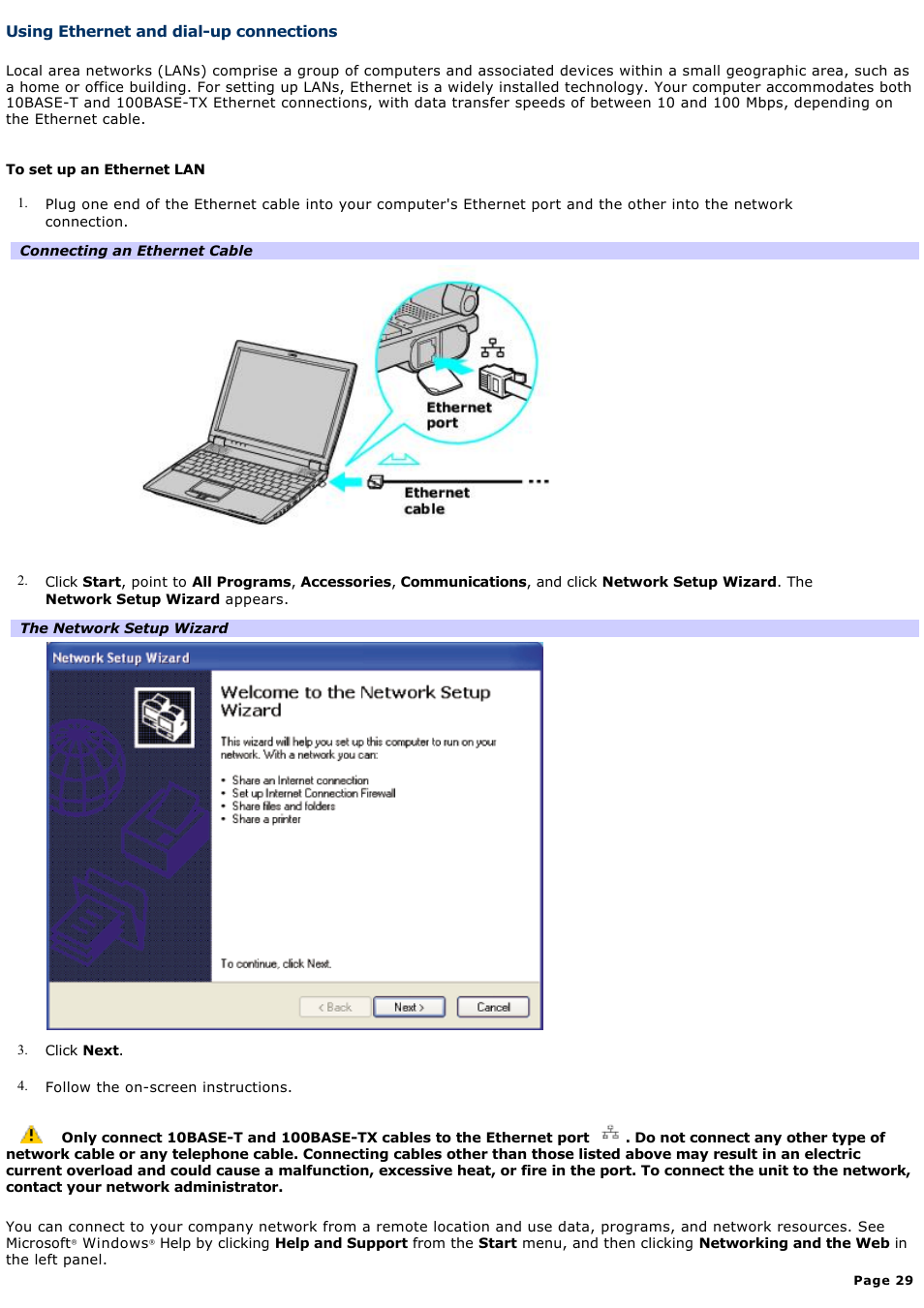 Using ethernet and dial-up connections | Sony PCG-R505DC User Manual | Page 29 / 174