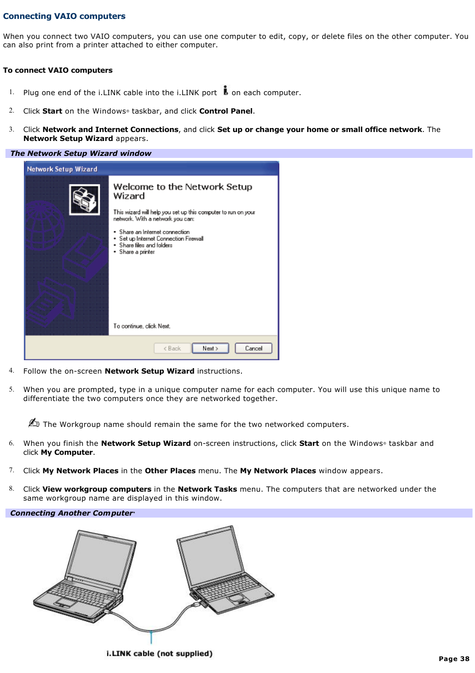 Connecting vaio computers | Sony PCG-R505DC User Manual | Page 38 / 174