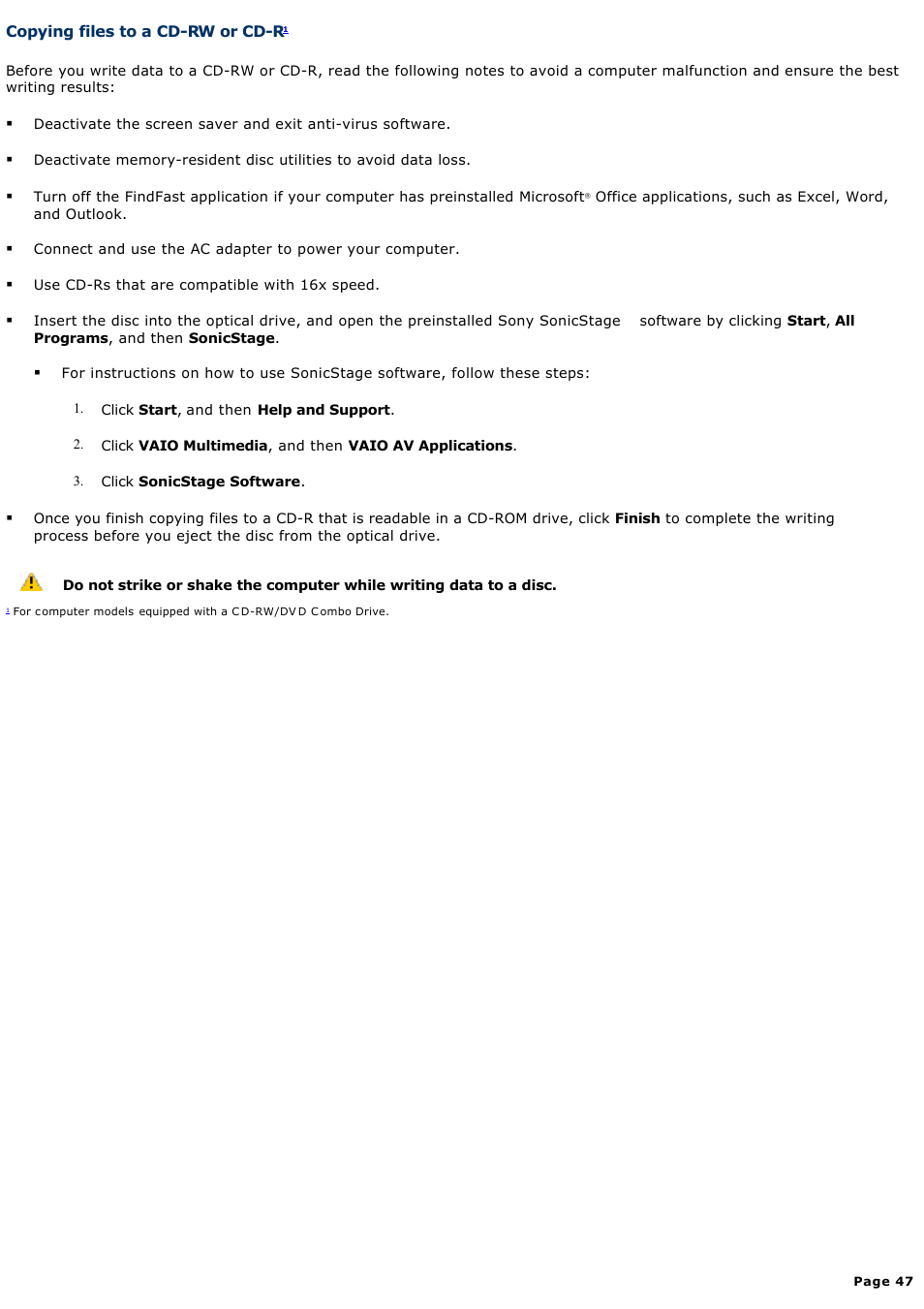 Copying files to a cd-rw or cd-r | Sony PCG-R505DC User Manual | Page 47 / 174