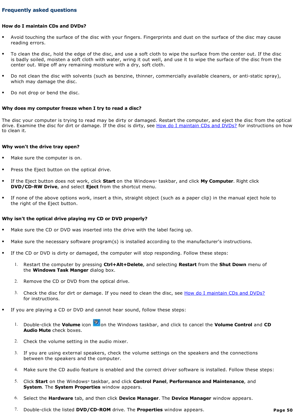 Frequently asked questions | Sony PCG-R505DC User Manual | Page 50 / 174