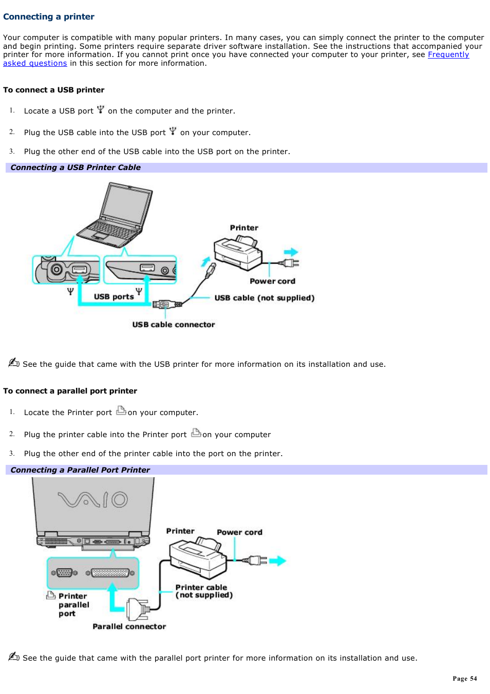 Connecting a printer | Sony PCG-R505DC User Manual | Page 54 / 174