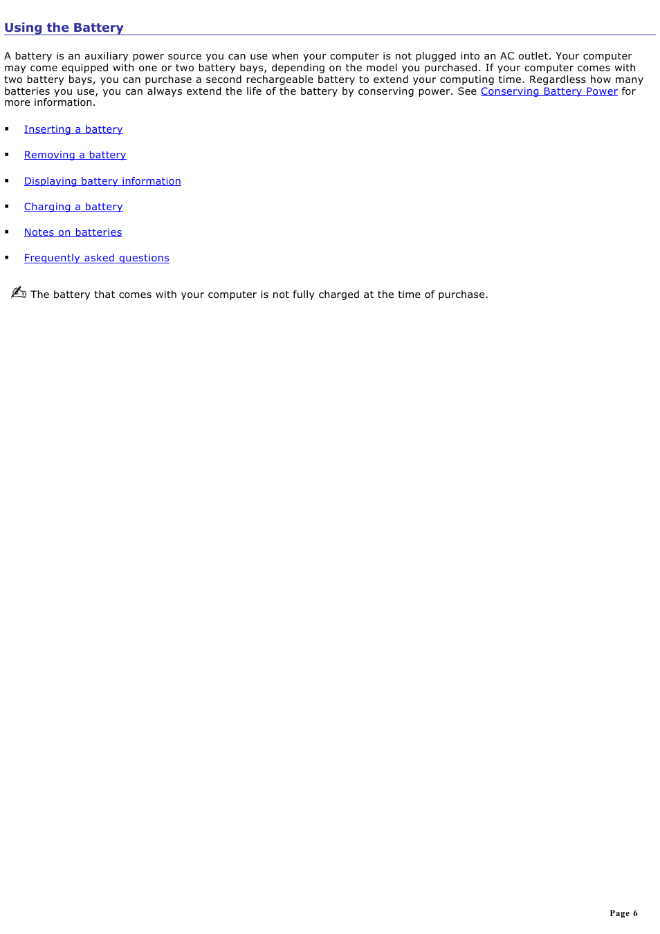 Using the battery | Sony PCG-R505DC User Manual | Page 6 / 174
