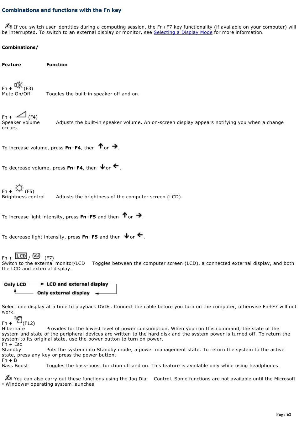 Combinations and functions with the fn key, Combinations and functions with, The fn key | Sony PCG-R505DC User Manual | Page 62 / 174