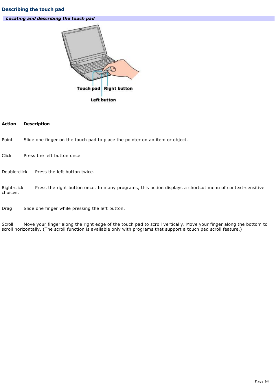 Describing the touch pad | Sony PCG-R505DC User Manual | Page 64 / 174