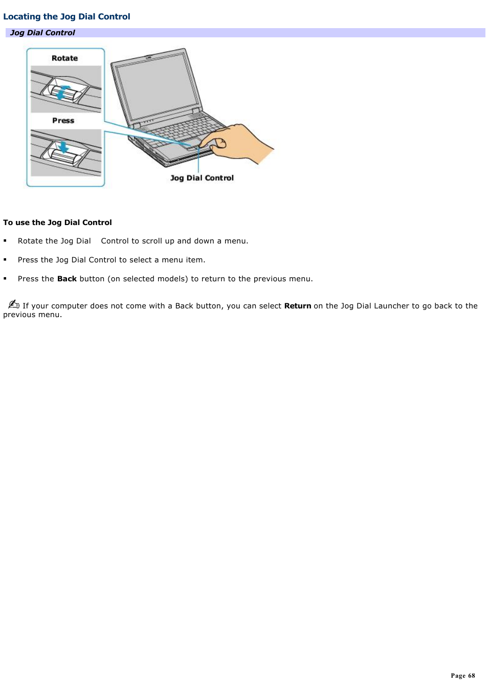 Locating the jog dial control | Sony PCG-R505DC User Manual | Page 68 / 174