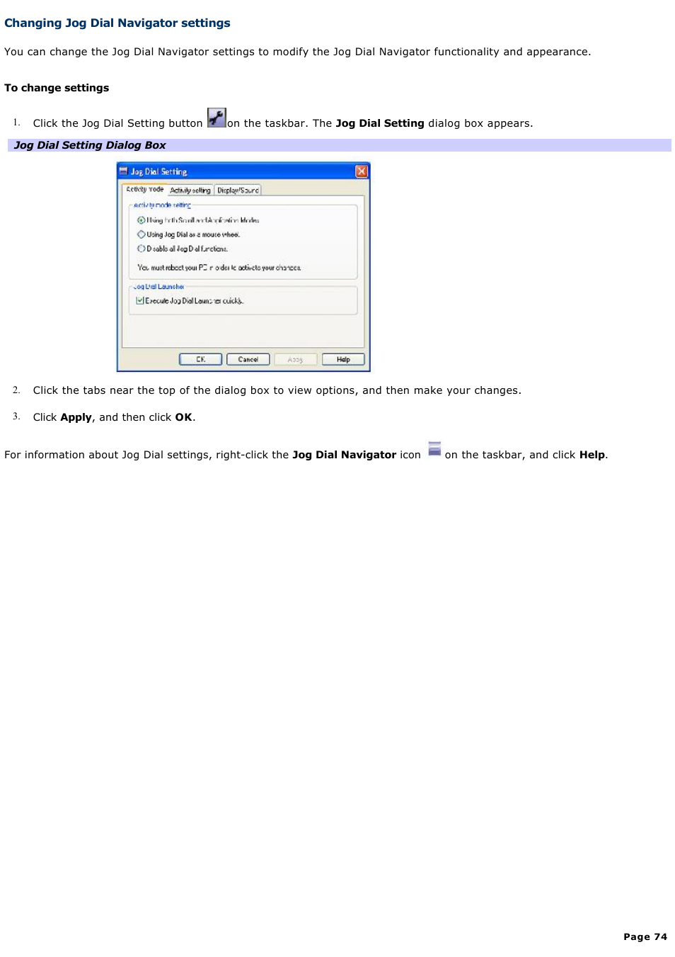 Changing jog dial navigator settings | Sony PCG-R505DC User Manual | Page 74 / 174