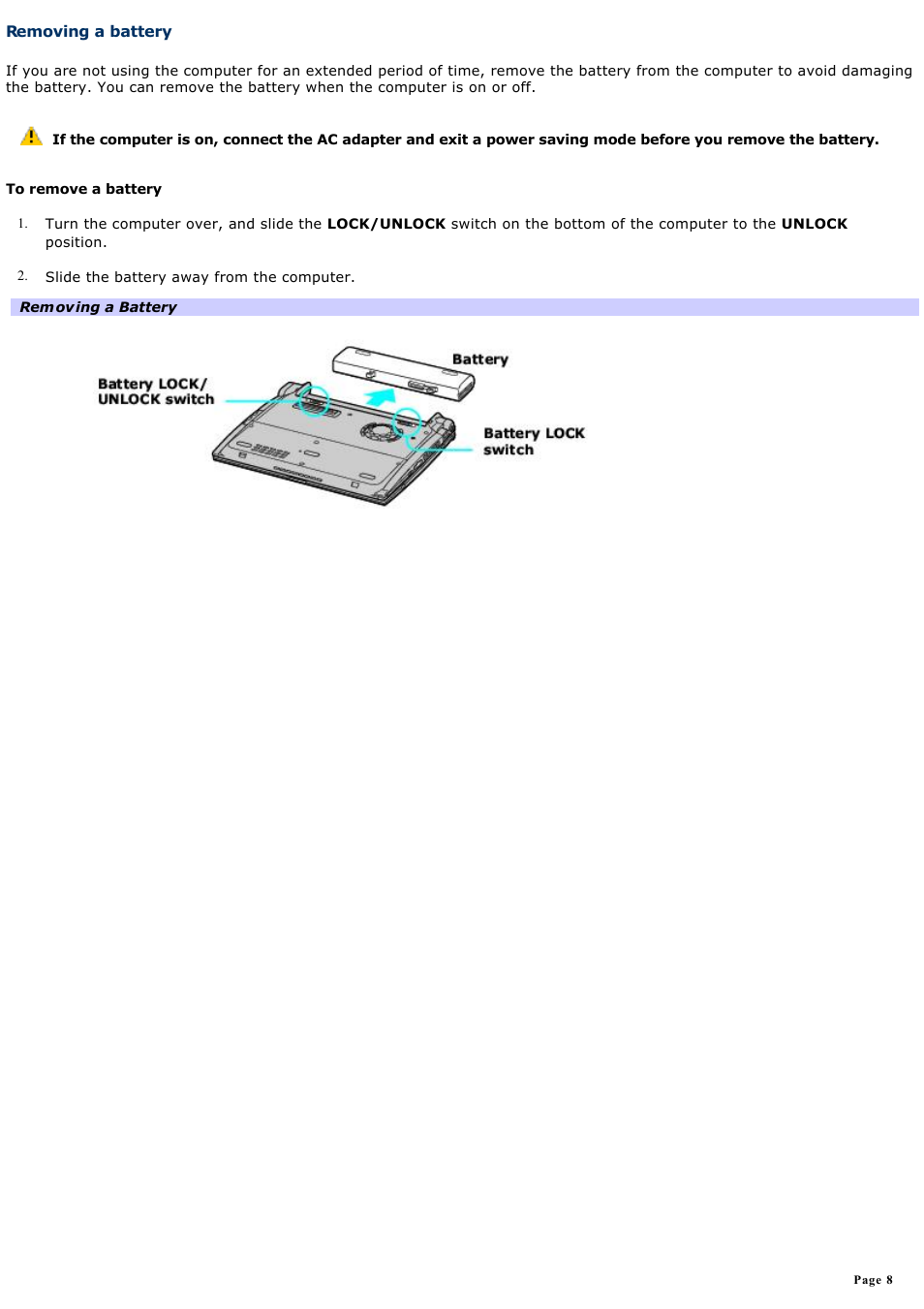 Removing a battery | Sony PCG-R505DC User Manual | Page 8 / 174