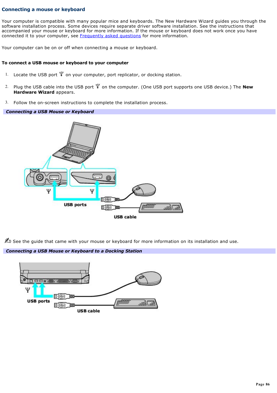 Connecting a mouse or keyboard | Sony PCG-R505DC User Manual | Page 86 / 174