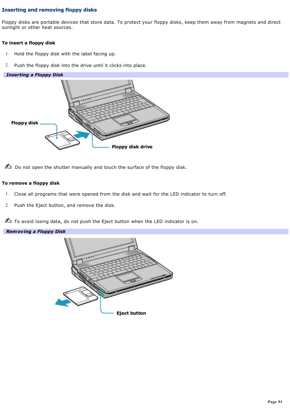 Inserting and removing floppy disks | Sony PCG-R505DC User Manual | Page 91 / 174