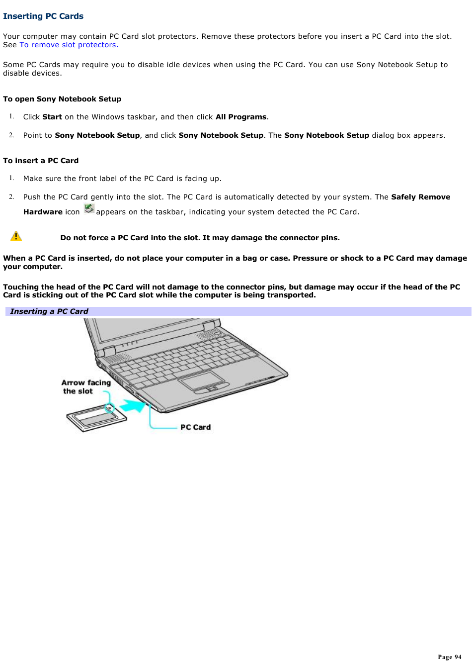 Inserting pc cards, Inserting pc, Cards | Inserting, Pc cards | Sony PCG-R505DC User Manual | Page 94 / 174