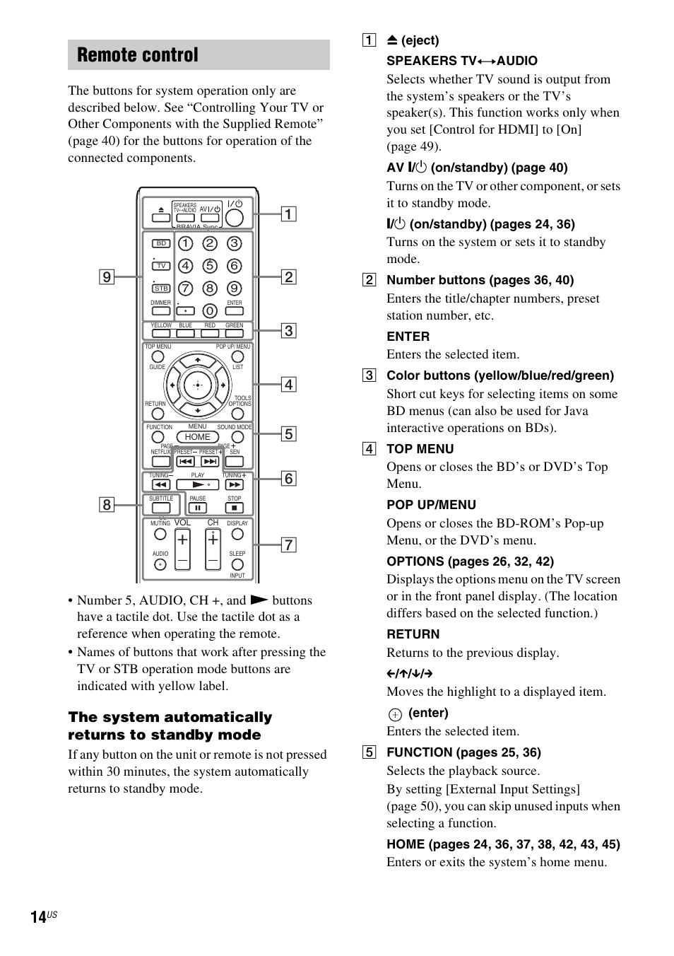 Remote control, The system automatically returns to standby mode, Turns on the system or sets it to standby mode | Enters the selected item, Opens or closes the bd’s or dvd’s top menu, Returns to the previous display, Moves the highlight to a displayed item, Enters or exits the system’s home menu | Sony BDV-N890W User Manual | Page 14 / 68